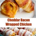 A collage photo of before and after photos of Cheddar Bacon Wrapped Chicken. 