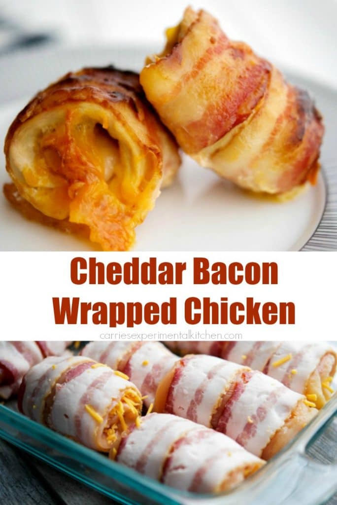 A collage photo of before and after photos of Cheddar Bacon Wrapped Chicken. 