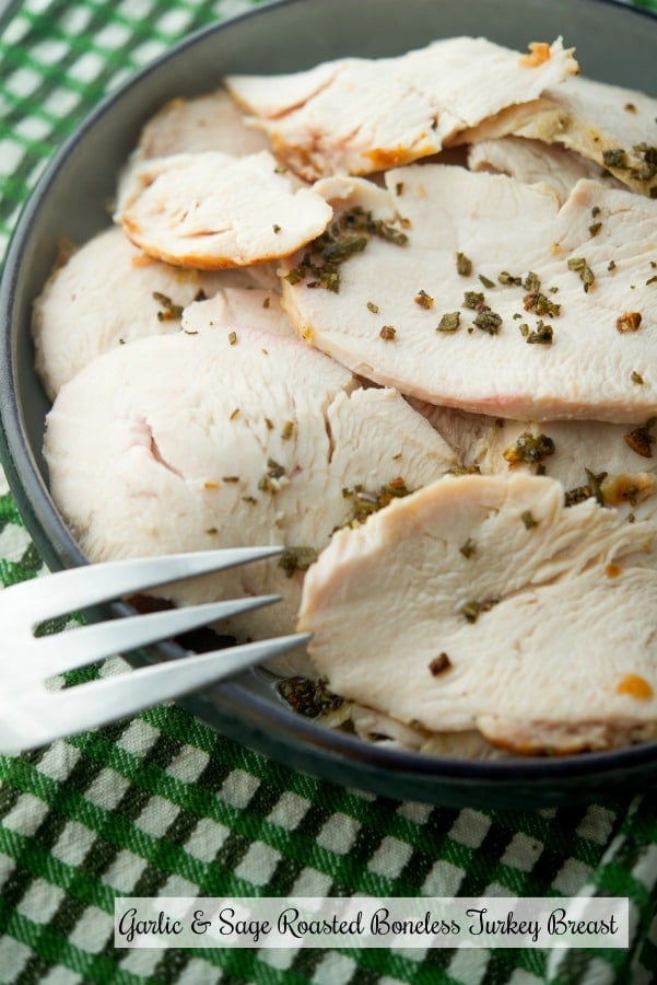 Garlic and Sage Roasted Boneless Turkey Breast on a plate. 