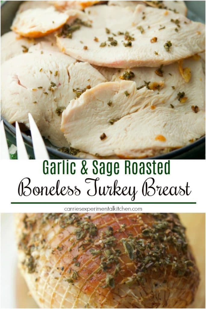 This recipe using fresh sage and minced garlic makes this Garlic & Sage Roasted Boneless Turkey Breast a simple, delicious Fall meal. 