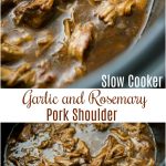 Pork shoulder cooked slowly in your crock pot with fresh garlic, rosemary, beef broth and balsamic glaze. Serve on top of egg noodles or make a sandwich. 