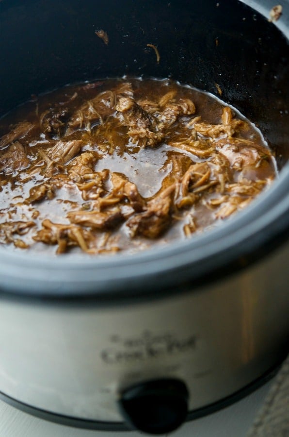 A close up of a crock pot with Pork and Garlic