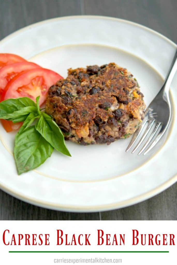 Caprese Black Bean Burgers on a white plate. 