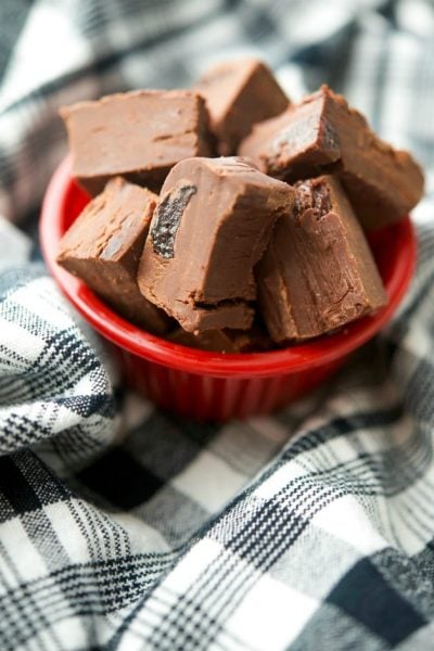 A close up of a bowl of Dark Chocolate Cherry Fudge.