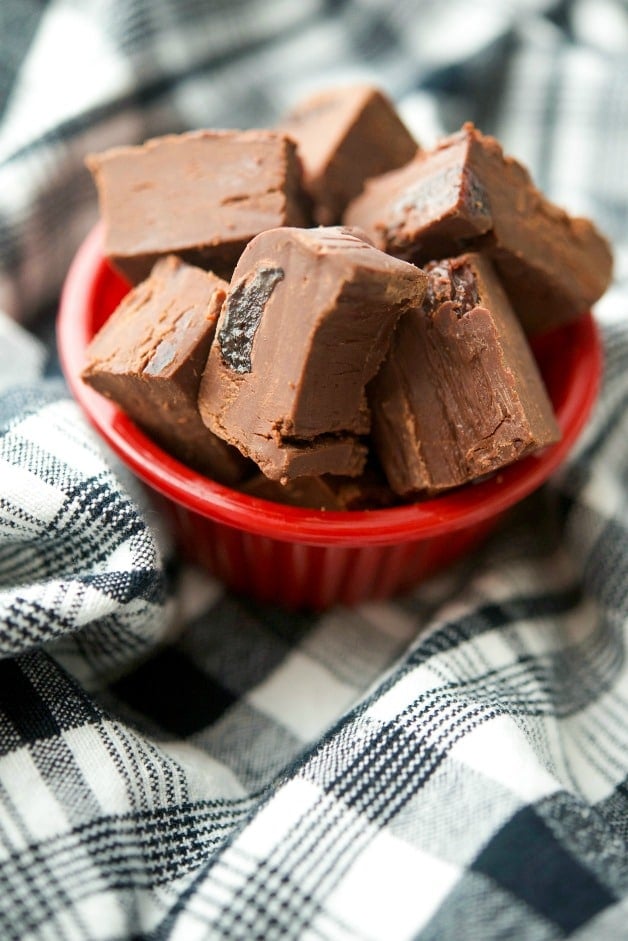 A close up of a bowl of Dark Chocolate Cherry Fudge. 