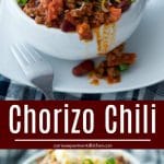 Hearty Chorizo Chili made with lean ground beef, Portuguese chorizo, kidney beans, fire roasted tomatoes and seasonings is comfort food at its best.