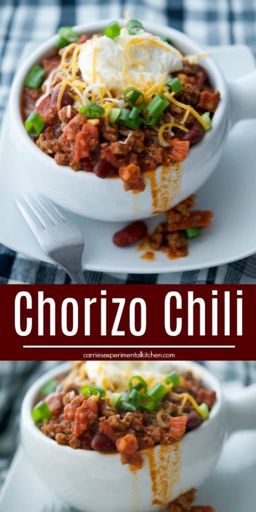 Hearty Chorizo Chili made with lean ground beef, Portuguese chorizo, kidney beans, fire roasted tomatoes and seasonings is comfort food at its best.