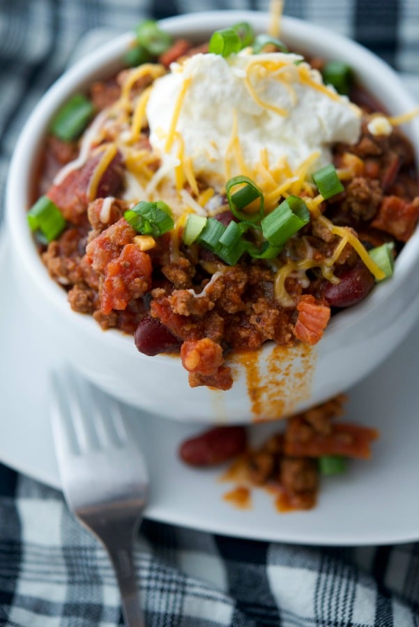 Hearty Chorizo Chili made with lean ground beef, Portuguese chorizo, kidney beans, fire roasted tomatoes and seasonings is comfort food at its best.