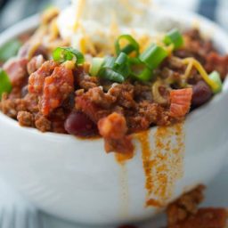 A close up of a bowl of chorizo chili