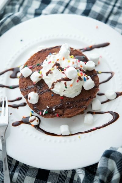 Hot Chocolate Pancakes on a plate with a fork