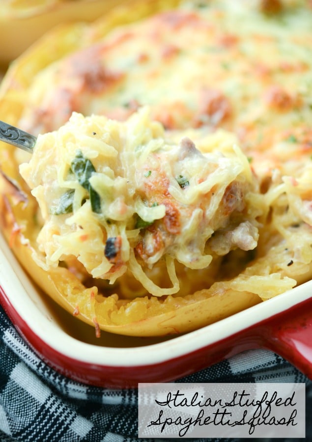 A close up of Italian Stuffed Spaghetti Squash 