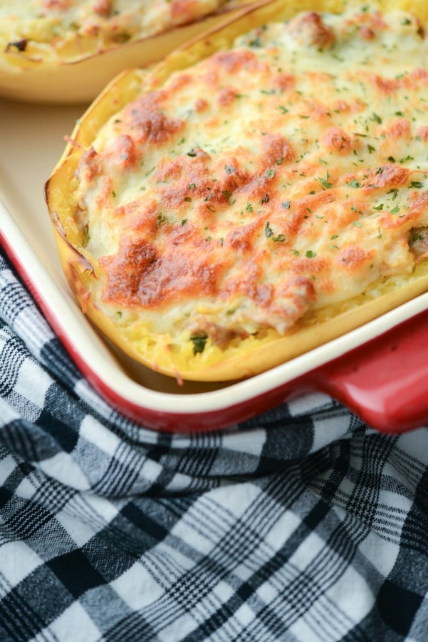 A dish of Italian stuffed spaghetti squash