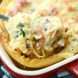A close up of Italian Stuffed Spaghetti Squash on a spoon.