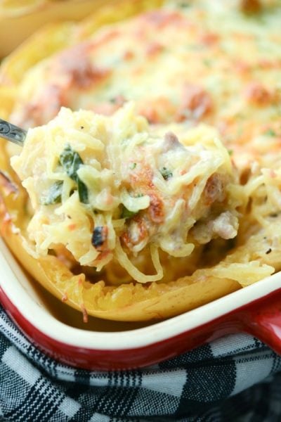 A close up of Italian Stuffed Spaghetti Squash on a spoon.