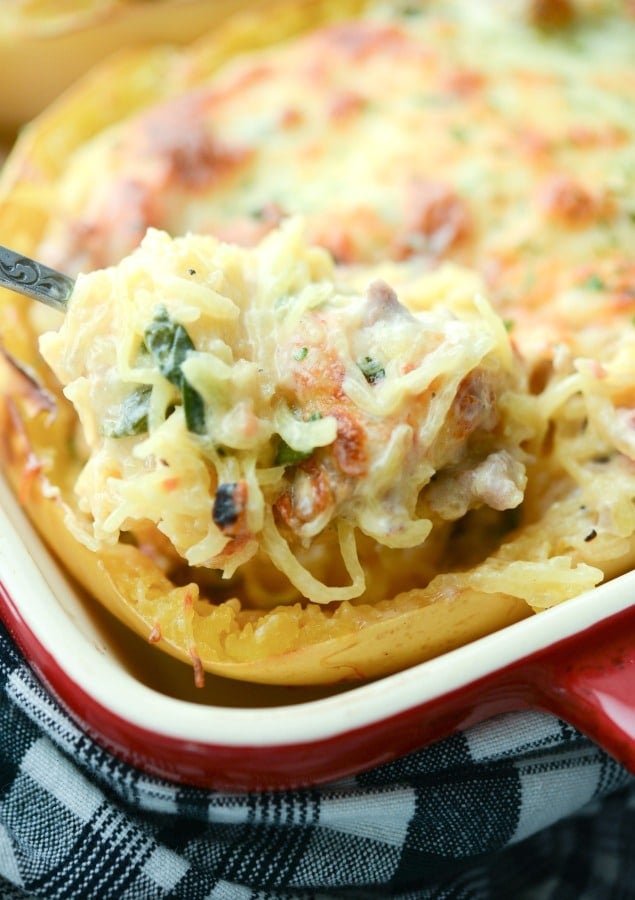 A close up of Italian Stuffed Spaghetti Squash on a spoon. 