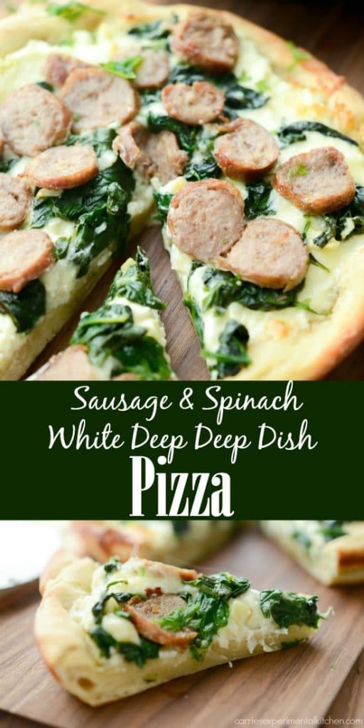 A close up of a slice of Sausage and spinach white deep dish pizza