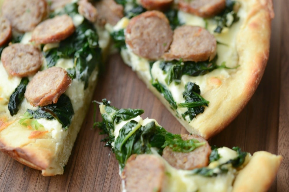 Sausage & Spinach White Deep Dish Pizza