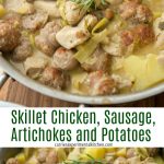 A pan of skillet chicken, sausage, artichokes and potatoes