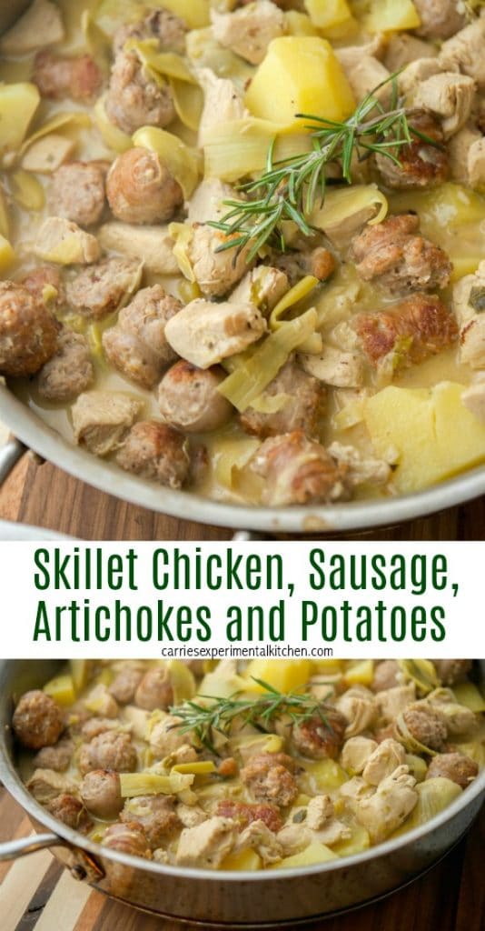 A pan of skillet chicken, sausage, artichokes and potatoes