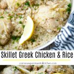 A close up of Skillet Greek chicken and rice