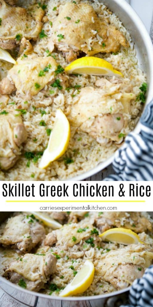 A close up of Skillet Greek chicken and rice