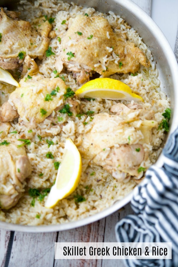 Greek Chicken & Rice made in your skillet on top of the stove is simple to make and loaded with the classic oregano and lemon flavors you love. 