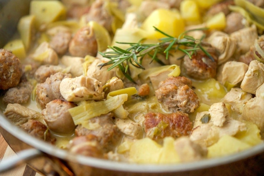 Skillet Chicken, Sausage, Artichokes and Potatoes