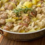 Skillet Chicken, Sausage, Artichokes and Potatoes