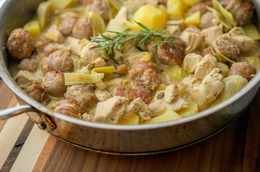 Skillet Chicken, Sausage, Artichokes and Potatoes