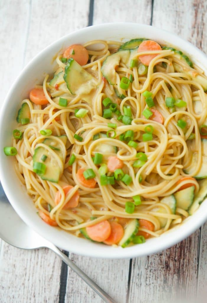 A close up of Spicy Peanut Noodle salad