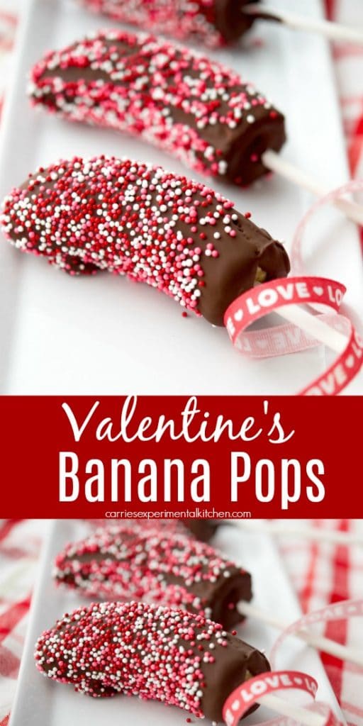 A close up valentines banana pops with ribbon 