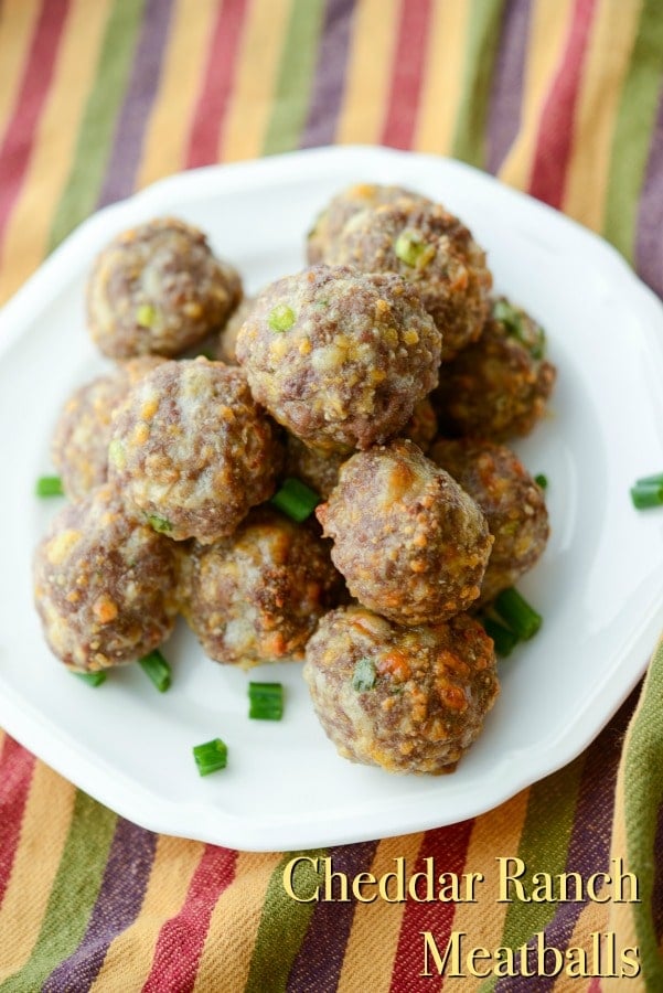 Cheddar Ranch Meatballs made with extra lean ground beef, Hidden Valley Ranch seasonings, gluten free breadcrumbs and shredded Cheddar cheese. 