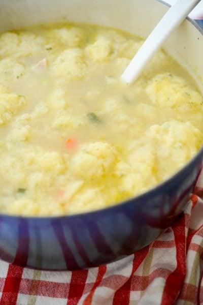 A bowl of Chicken and Dumpling soup with a spoon