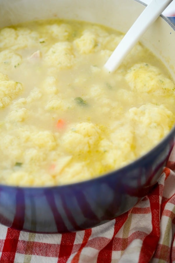 A bowl of Chicken and Dumpling soup with a spoon 