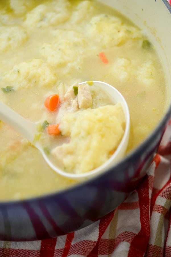 A bowl of Chicken and Dumpling soup