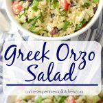 A close up of a bowl of Greek orzo salad on a table