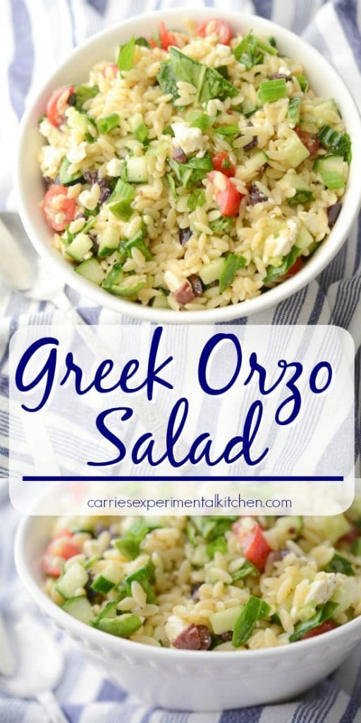 Greek Orzo Salad made with Orzo pasta, Kalamata olives, cucumbers, tomatoes, spinach and Feta cheese in a light lemon, oregano vinaigrette. 