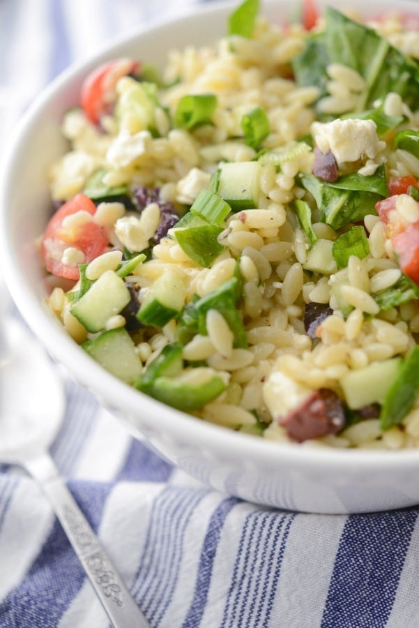 A close up of Greek orzo salad