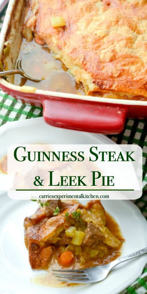 Guinness Steak and Leek Pie made with London Broil, vegetables and Irish Guinness stout beer topped with a puff pastry crust.