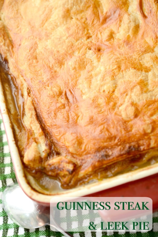 Guinness Steak and Leek Pie made with London Broil, vegetables and Irish Guinness stout beer topped with a puff pastry crust. 