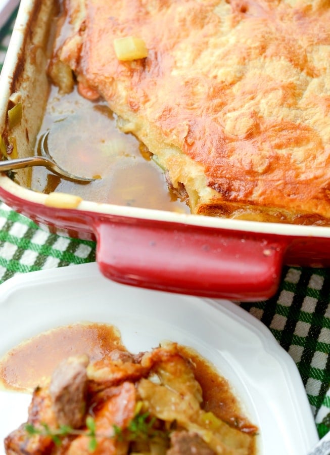 Guinness Steak and Leek Pie made with London Broil, vegetables and Irish Guinness stout beer topped with a puff pastry crust.