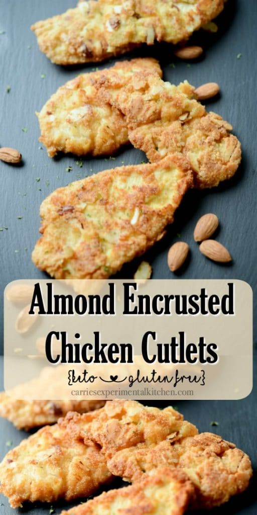 A collage of almond chicken cutlets on a slate board. 