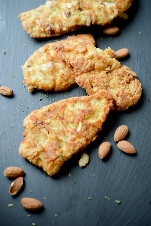 Almond Encrusted Chicken Cutlets made with super fine almond flour and slivered almonds fried in coconut oil is a delicious, gluten free, Keto Diet approved weeknight meal. 