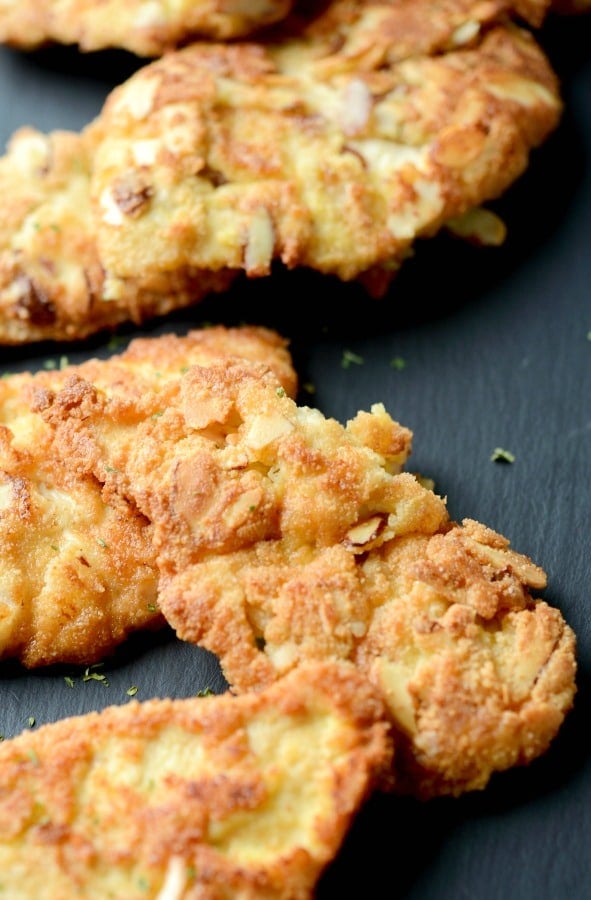 A close up of Almond Encrusted Chicken Cutlets on a table