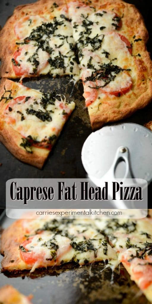 A close up of Caprese Fat Head Pizza with pizza cutter