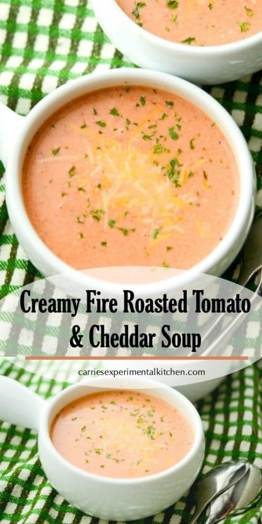 A bowl of Creamy Fire Roaster Tomato and Cheddar Soup on a table