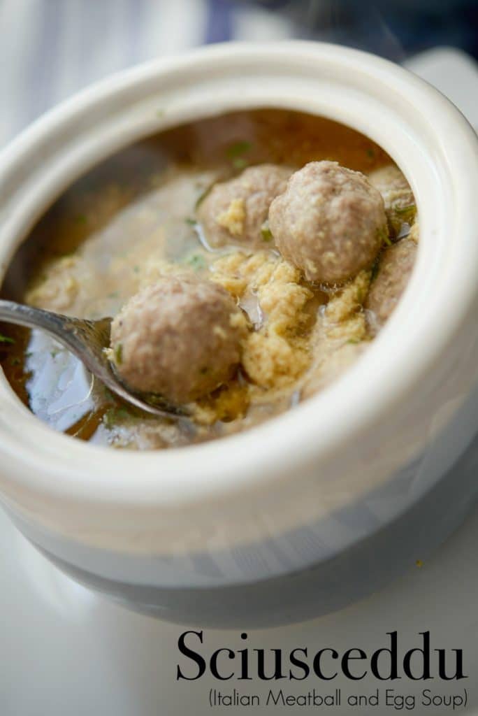 A bowl of Sciusceddu (Italian Meatball and egg soup)