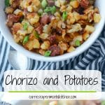 A bowl of Portuguese Chorizo and potatoes with a spoon