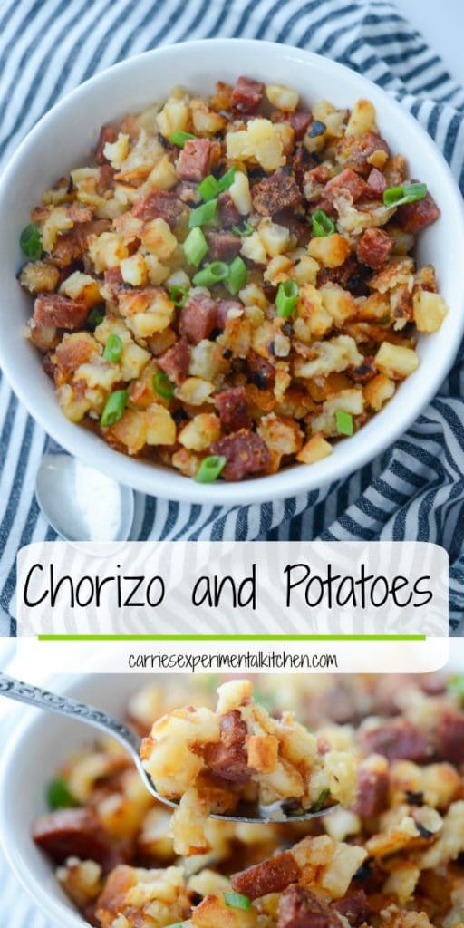 A bowl of Portuguese Chorizo and potatoes with a spoon