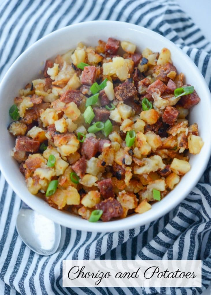 Portuguese chorizo and diced russet potatoes are simple to make and one of our family's favorite, Sunday morning breakfast side dishes.